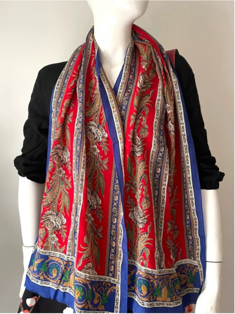 Adrienne Vittadini Silk Scarf Red Blue Baroque Floral Print Long